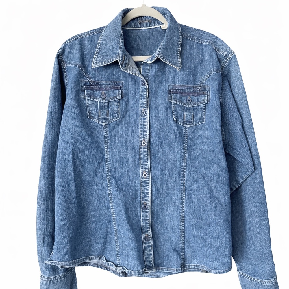 Riders by Lee Denim Button Down Shirt XL Stretch Western Chambray Top
